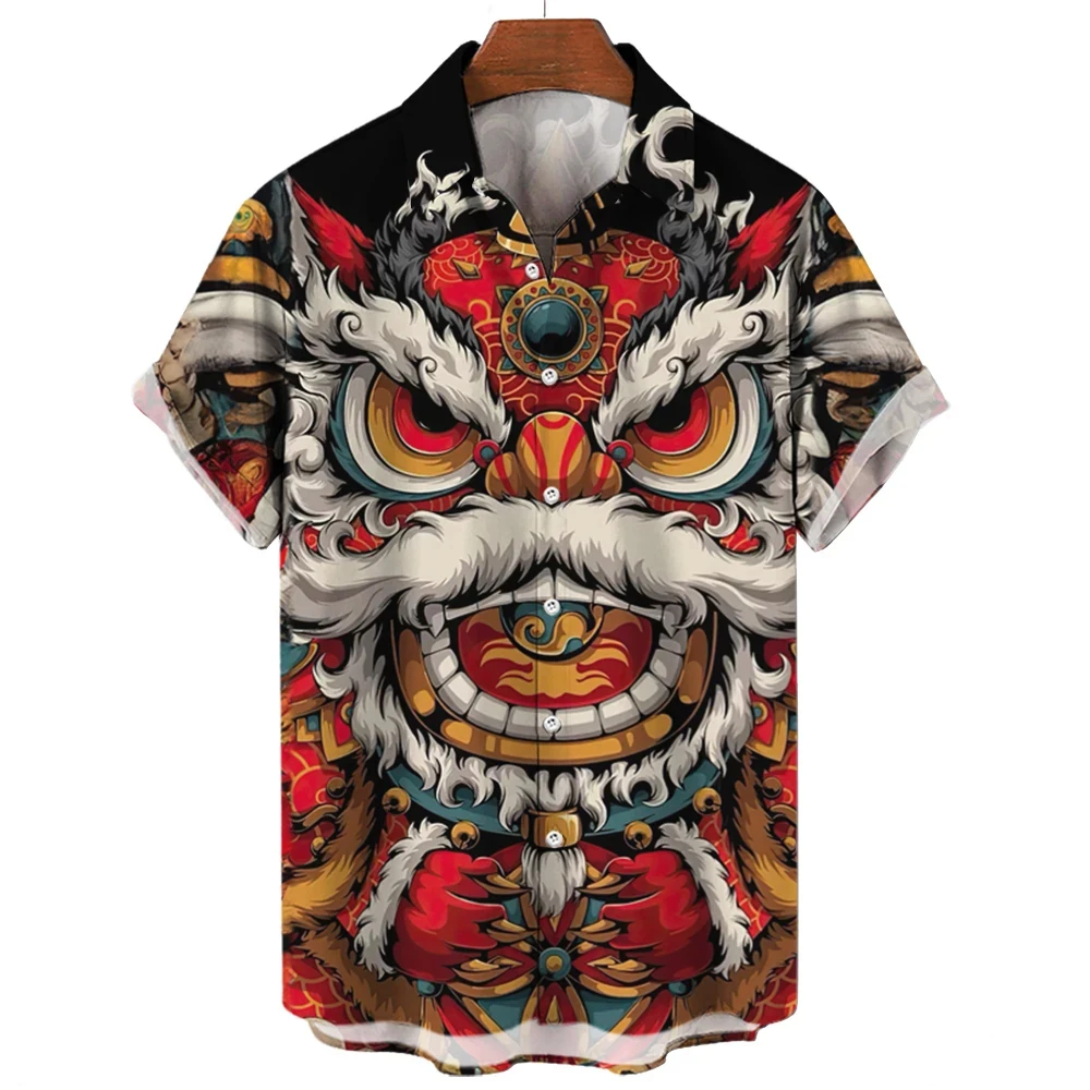 

Chinese Lion Dance 3D Printed Men Shirt Women /Man Casual Fashion Short Sleeves Shirts Button Lapel Tops Oversized Unisex Clot