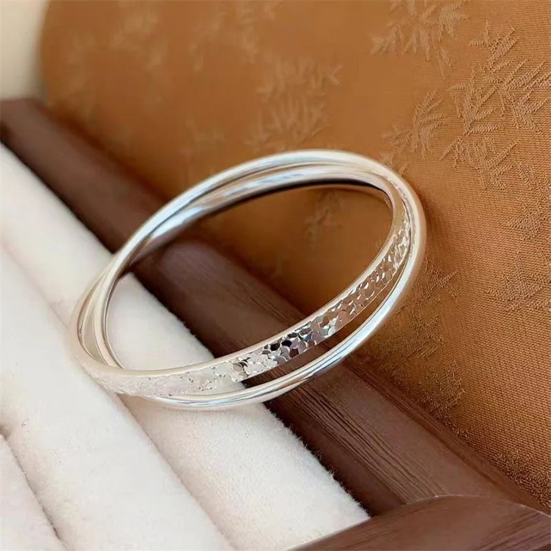 OUYADI Women 999 Sterling Silver Double Loop Closed Bangle Sparkling Crushed Ice Hammered Stackable Bracelet Gift
