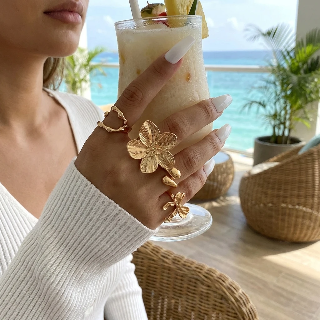 Skulpturaler Goldfarben-Statement-Ring-Set für Frauen Abstrakte Blumen-Schleife Verstellbare Wickelringe Klobiger Künstlerischer Schmuck – Detail 2