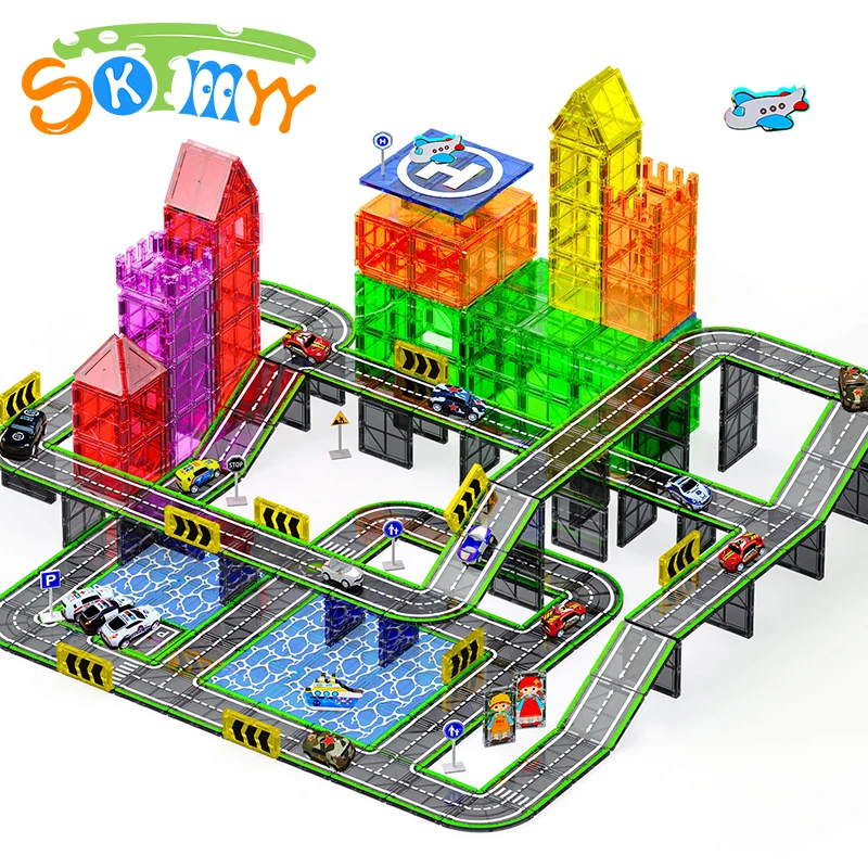 الأرض البحر والهواء موضوع البلاط المغناطيسي 121 قطعة بلاط مغناطيسي الطريق بناء لعبة تعليمية مع علامة مرور طائرة السفينة للأطفال