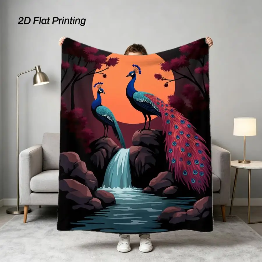 1pc Elegant Peacock & Waterfall Flannel Blanket - Soft Weighted Throw Suitable for Home Decor, Travel, Camping, Machine-Washable - Bedspread with Twilight Peacock Design, Cozy Gift, Contemporary Bedspread for