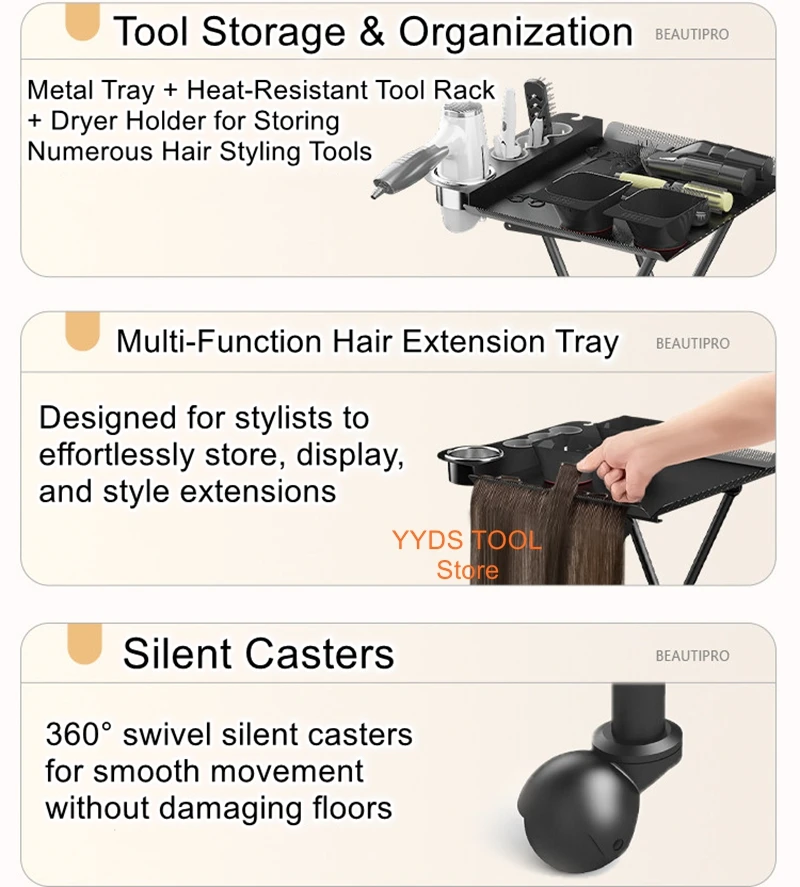 

Two-in-One Metal Folding Styling Cart for Hair Salons - Space-Saving Barber Tool Cart