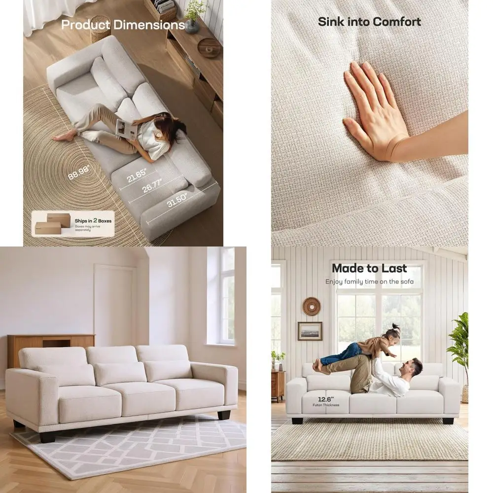 3-Seater Linen Sofa with Wide Armrests and Deep Cushions, Removable Washable Covers, Beige for Living Room Comfort