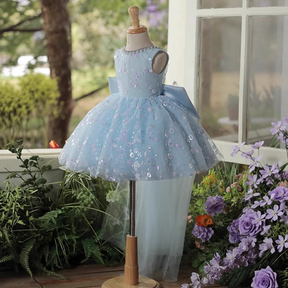 

Children Ligh Luxury Blue Birthday Princess Ball Gown Girls Cute Bow Sequins Design Host Piano Performance Dress g408