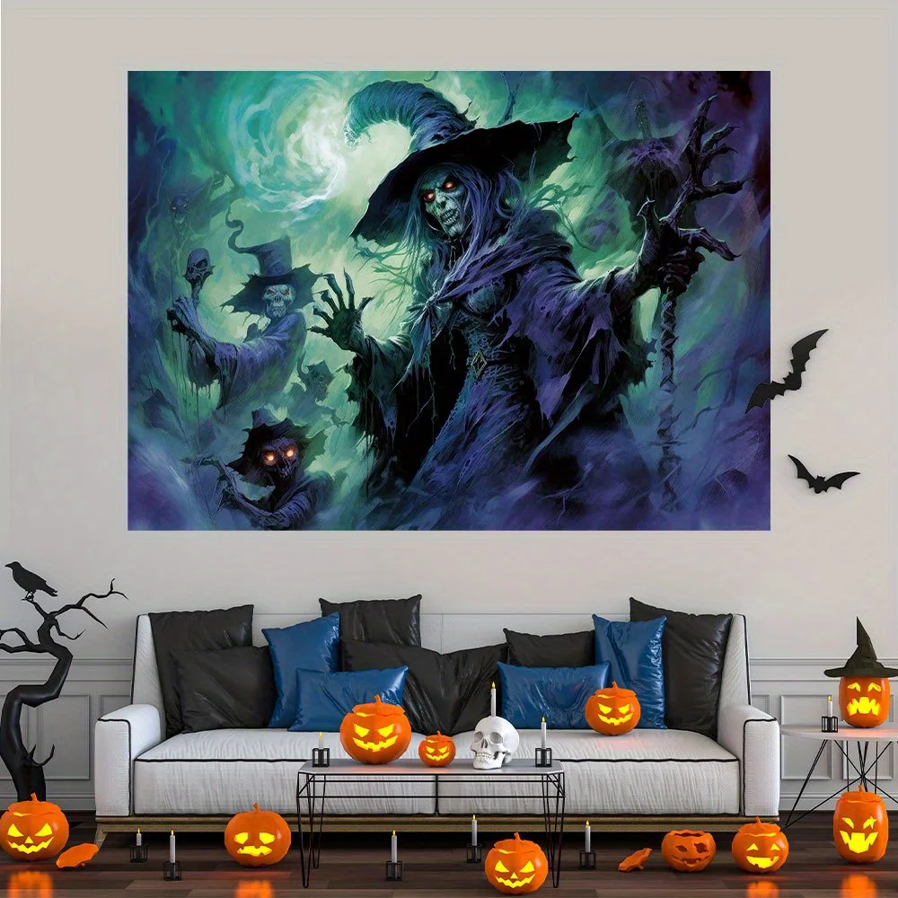 Halloween photography background, skeleton witch horror background, ghostly interior decoration banner