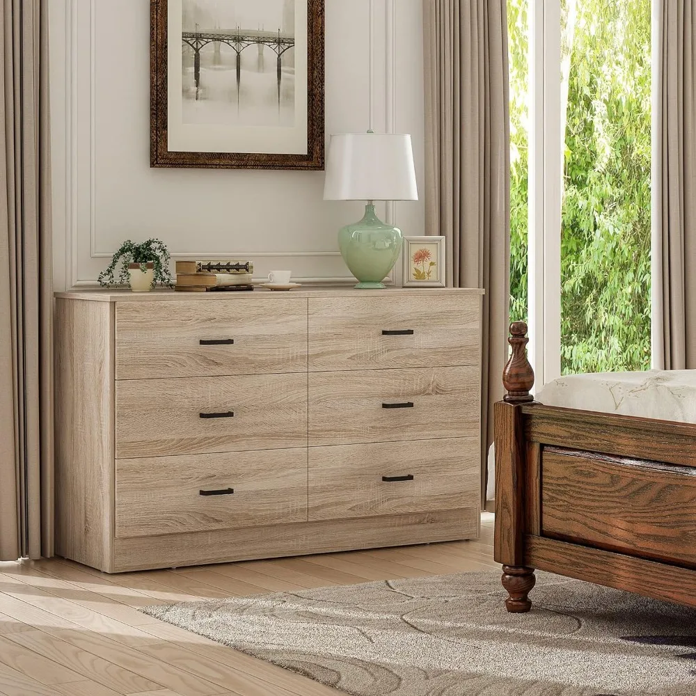 Wood Dresser for Bedroom, 6 Drawer Double Dresser with Metal Handles, 15.8" D x 47.2" W x 27.7" H, Light Oak