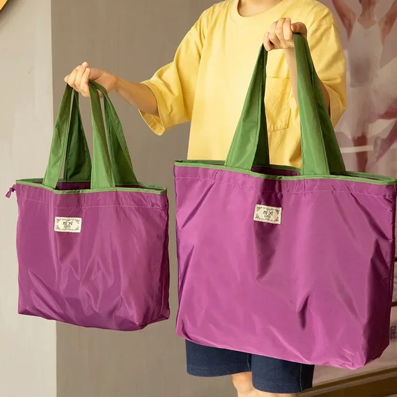 Large Capacity Reusable Drawstring Bag Nylon Foldable Grocery Bag Collapsible Shopping Eco Large Polyester Beach Bag Totes