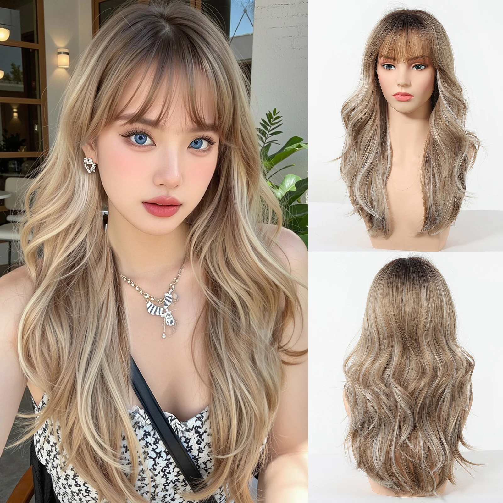 

Allbell Magique Светло-золотые синтетические парики с боковой челкой для женщин, вечерние, косплей, натуральные волнистые накладные волосы, термостойкое волокно