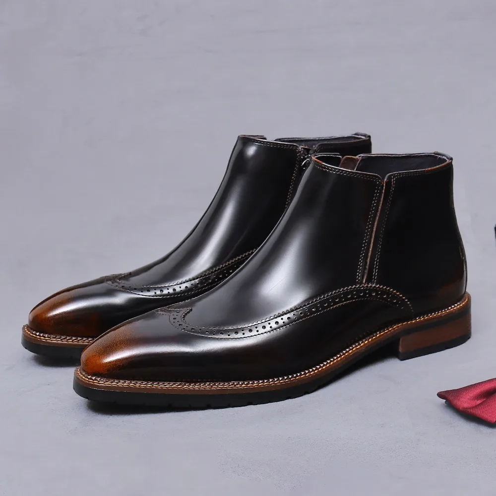 

Mens Leather Chelsea Boots Side Zipper Brogue Business Fashion Genuine Leather Trendy British Ankle Boots