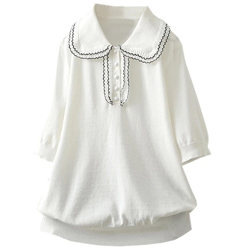 여름 대형 200 파운드 우아한 나무 가장자리 칼라 니트 느슨한 슬리밍 반팔 티셔츠 한국 스타일 코튼 탑