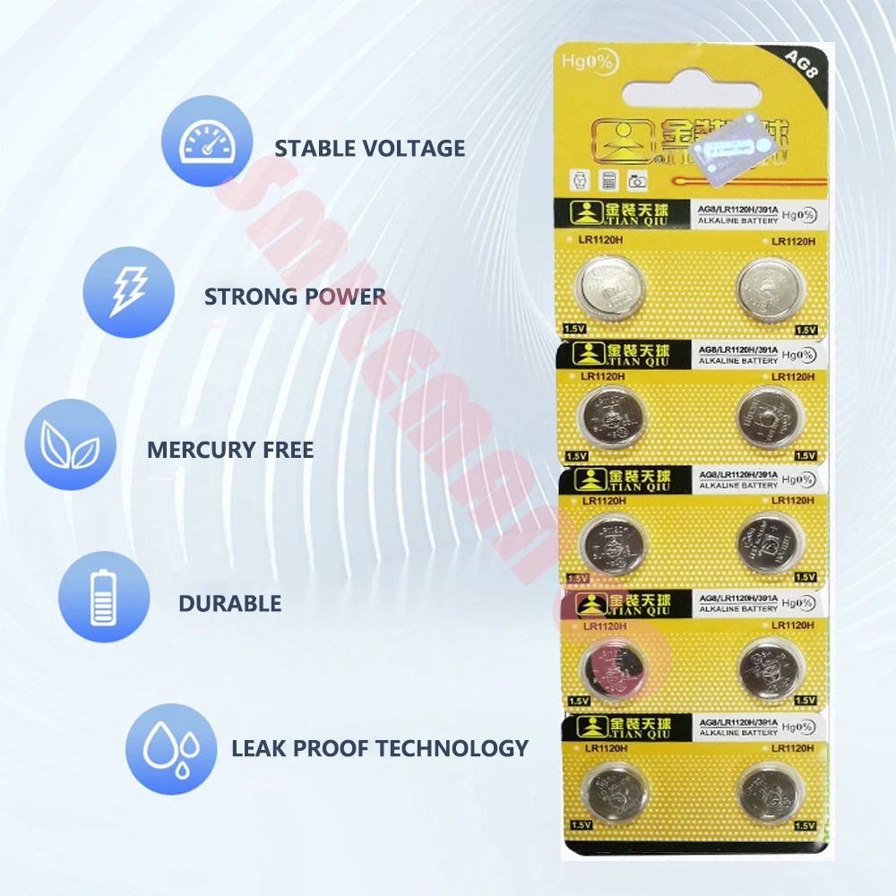 TIANQIU Watch Battery AG8 1.5V Li-ion Button Coin Cell Batteries LR1120 391 SR1120 191 LR55 Toys Remote Camera CPU