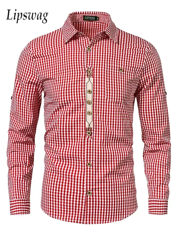 

Stylish Patchwork Plaid Print Shirt For Mens Fall Outdoor Casual Long Sleeve Shirts Vintage Button-up Turn-down Collar Men Shirt