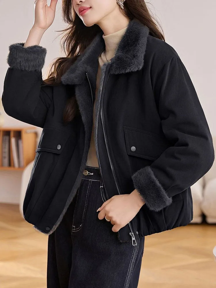 Winter Warm Lapel Neck Outerwears Women Casual Lapel Neck Zipper Thicken Jackets Tops Korean Fashion Long Sleeve Chaquetas New
