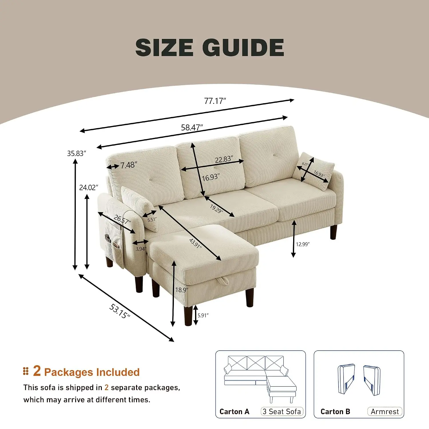 L-Shape 3-Seat Sofa with Storage Ottoman & Side Pockets, Reversible Corduroy Couch for Small Space, Beige, Customized