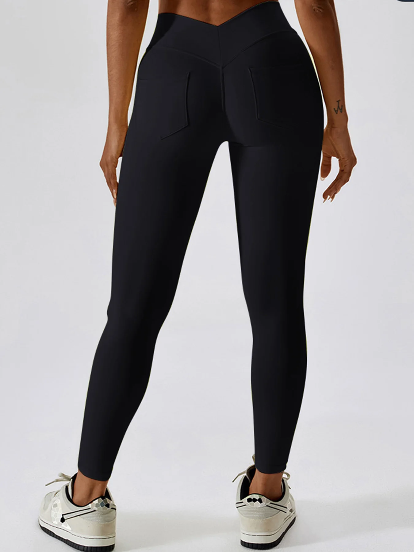 V-waist elastic sports leggings, women's peach hip lifting running, quick drying yoga pocket pants