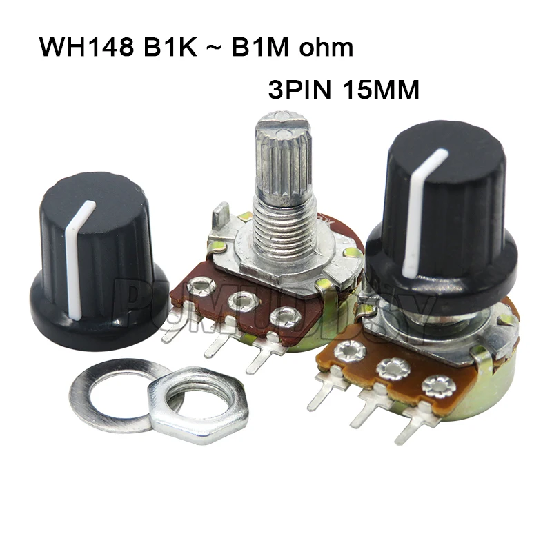 5Sets 5pcs+5pcs WH148 B1K ~ B1M ohm 1K 2K 5K 10K 20K 3Pin 15mm 10K 3 Terminal Linear Taper Rotary potentiometer for Arduino