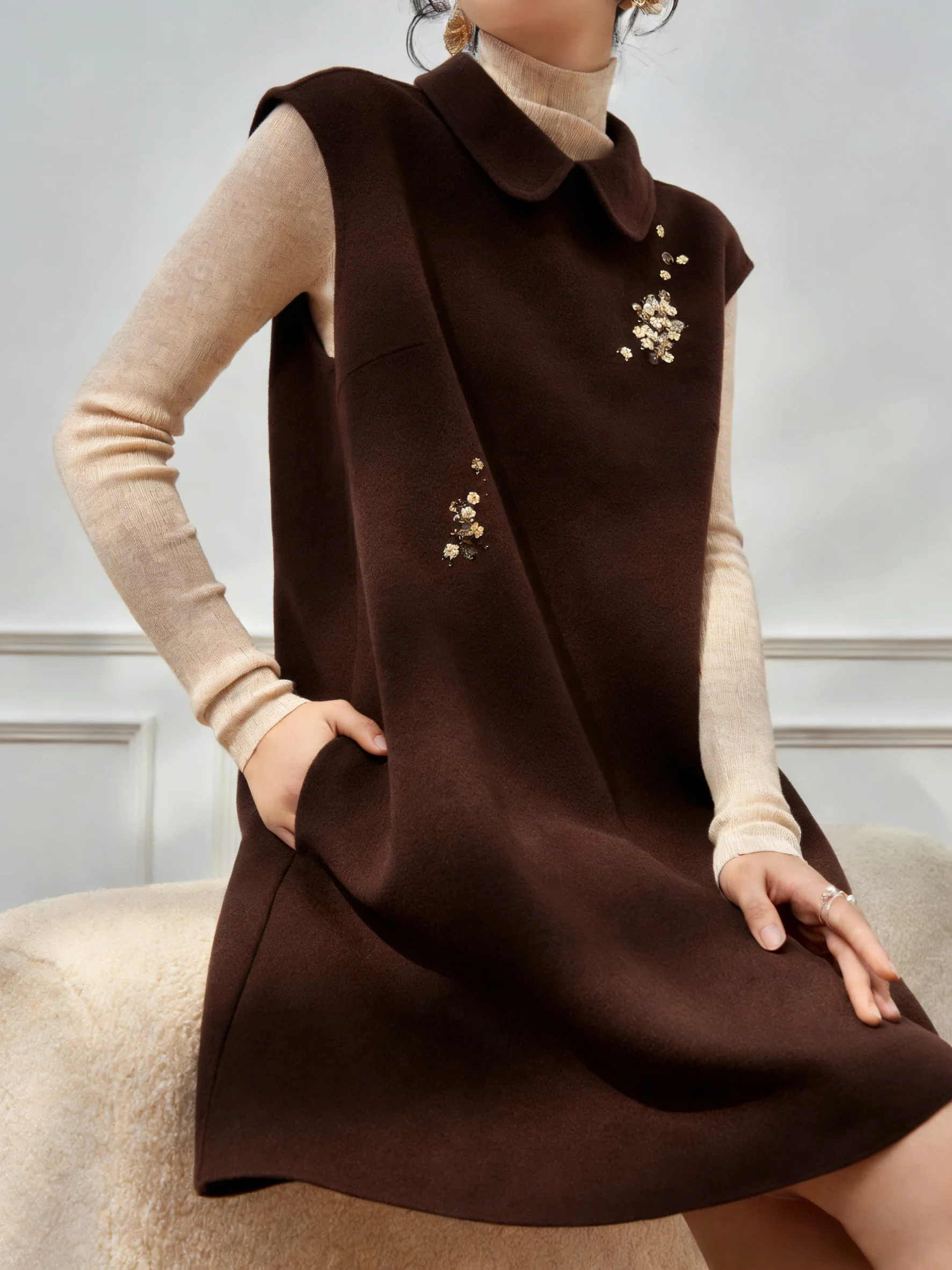 

Retro Coffee Color Beaded Doll Collar Layered Straight Dr Women's High Waist Polyester Fiber Long Sve H-Sle Casual Dr