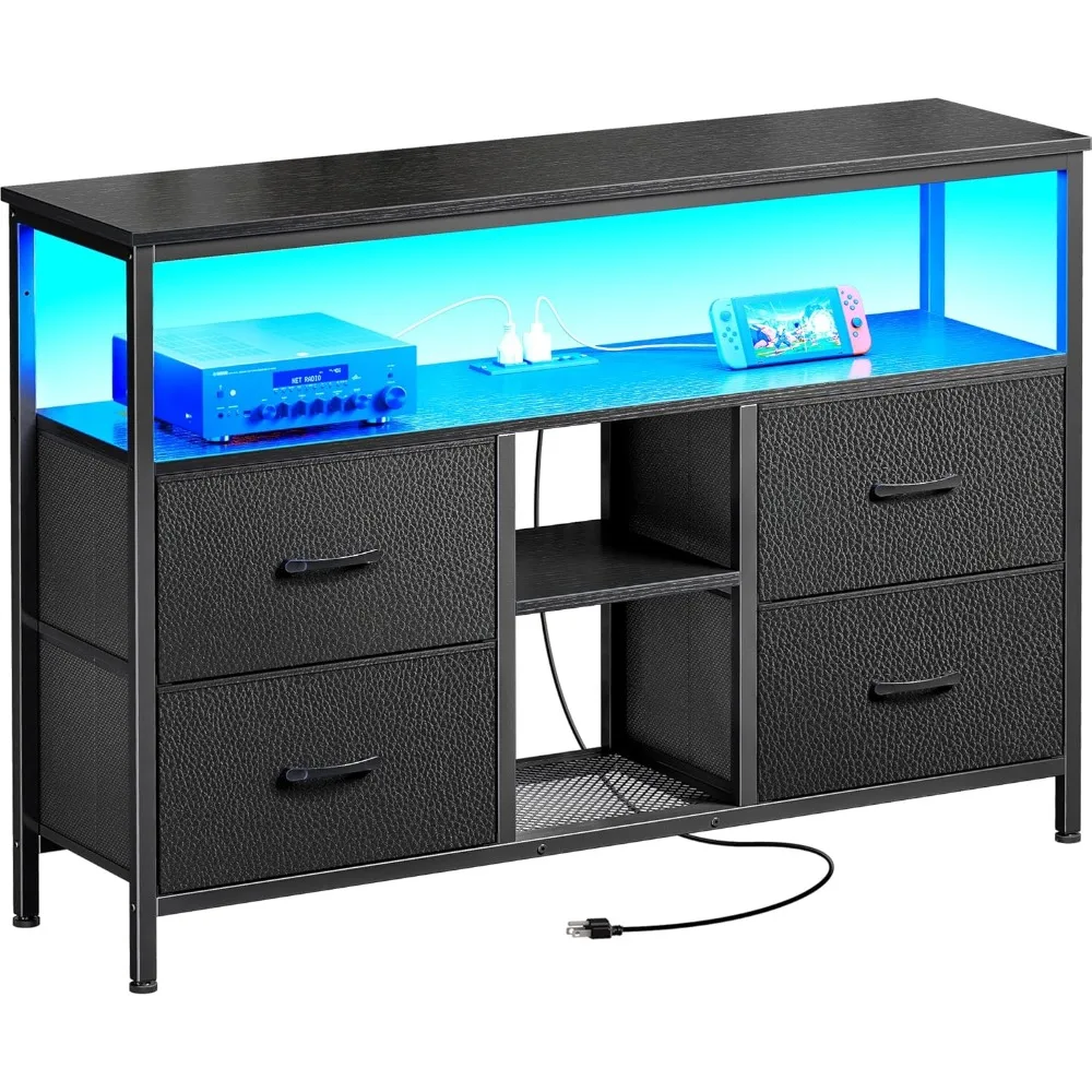 TV Stand Dresser with Power Outlets and LED Lights, 4 Drawers Entertainment Center with Open Shelf, Media Console for 50 43 Inch