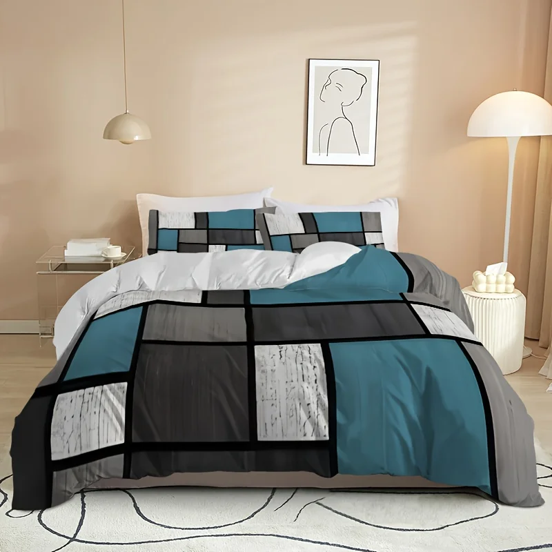 

3Pcs Modern Minimalist Color Block Duvet Cover Set, Digital Print All Season Bedding with Pillowcases, Farmhouse Style