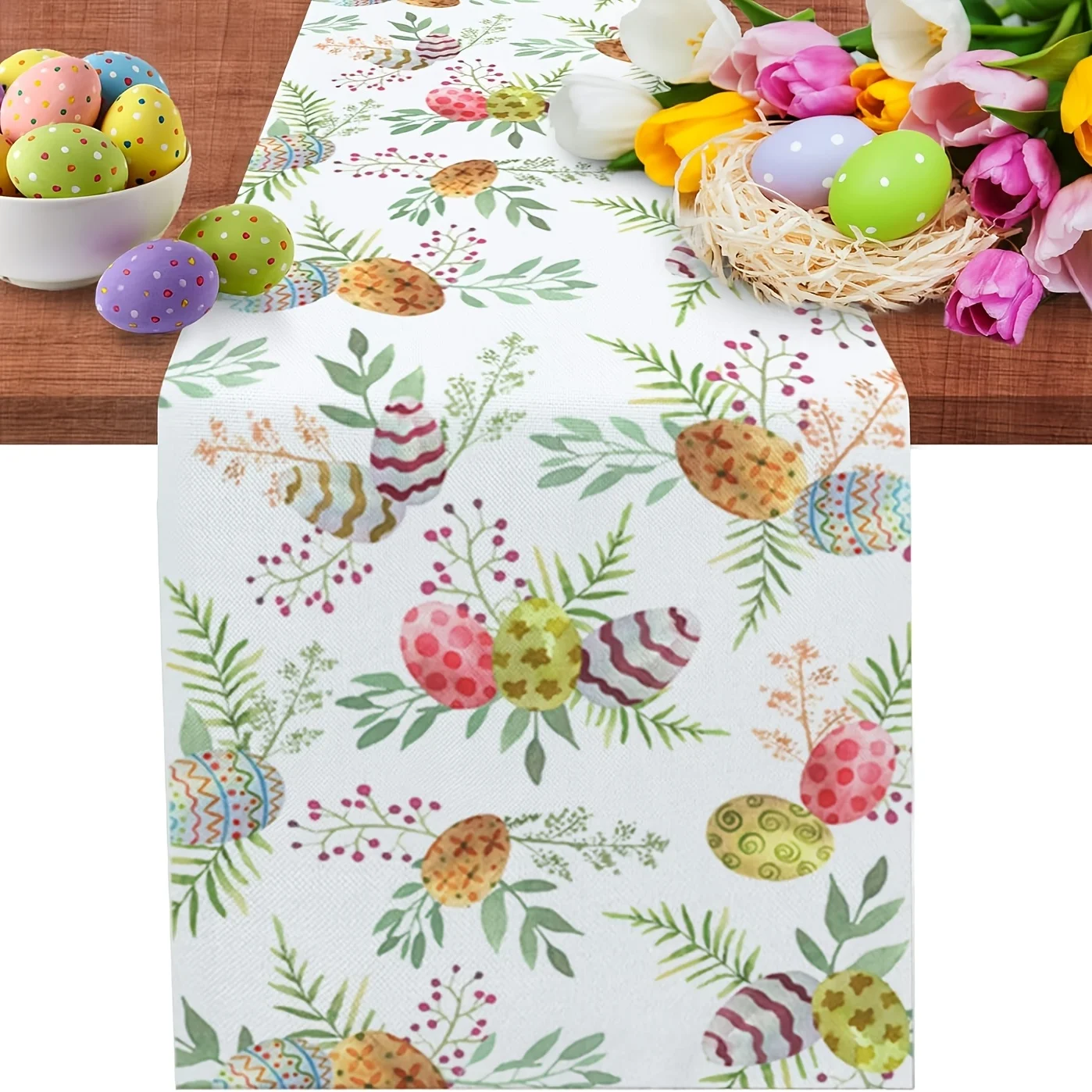 

Easter Themed Table Runner Watercolor Egg Floral Pattern Faux Linen Fabric Dining Table Decor Spring Holiday Look Durable
