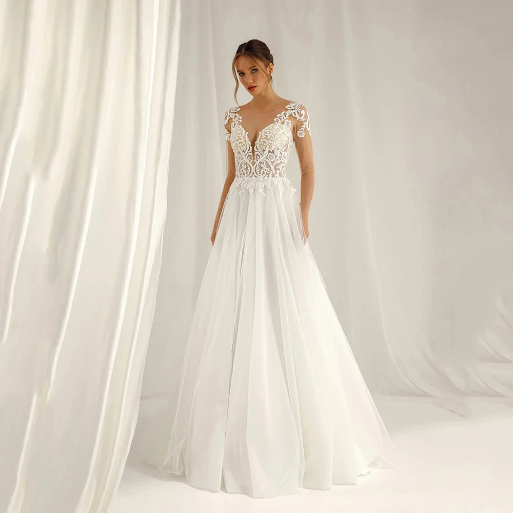 

2025 Lace Applique Boho Wedding Dresses A-Line Tulle Backless Brides Wedding Gown Elegant Sleeveless Bridal Dresses Customized