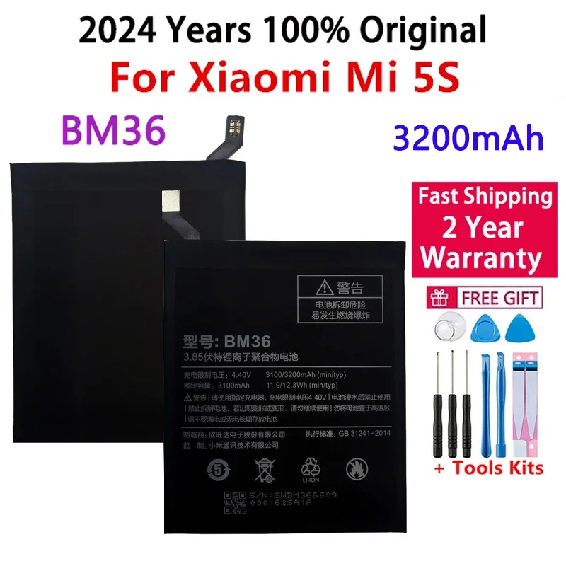 

2024 Years Original Replacement Battery BM36 For Xiaomi Mi 5S MI5S 100% New Authentic Phone Battery 3200mAh+Gift Tools +Stickers