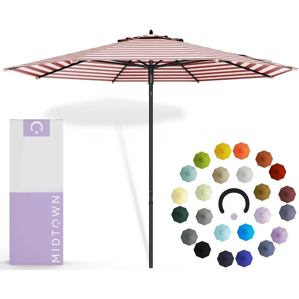 

Push and Pop 10 Feet Outdoor Umbrella, Red/White Stripes Polyester Fabric - Fiberglass Ribs Deck Patio Umbrella