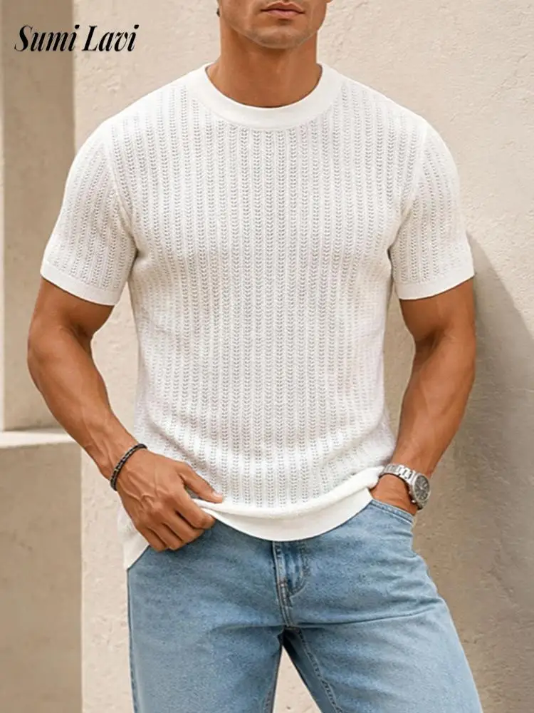 Breathable Slim Knitted Mens Shirts Summer Solid Color Breathable Short Sleeve Tee Vintage Texture O Neck Knit Pullover Tops