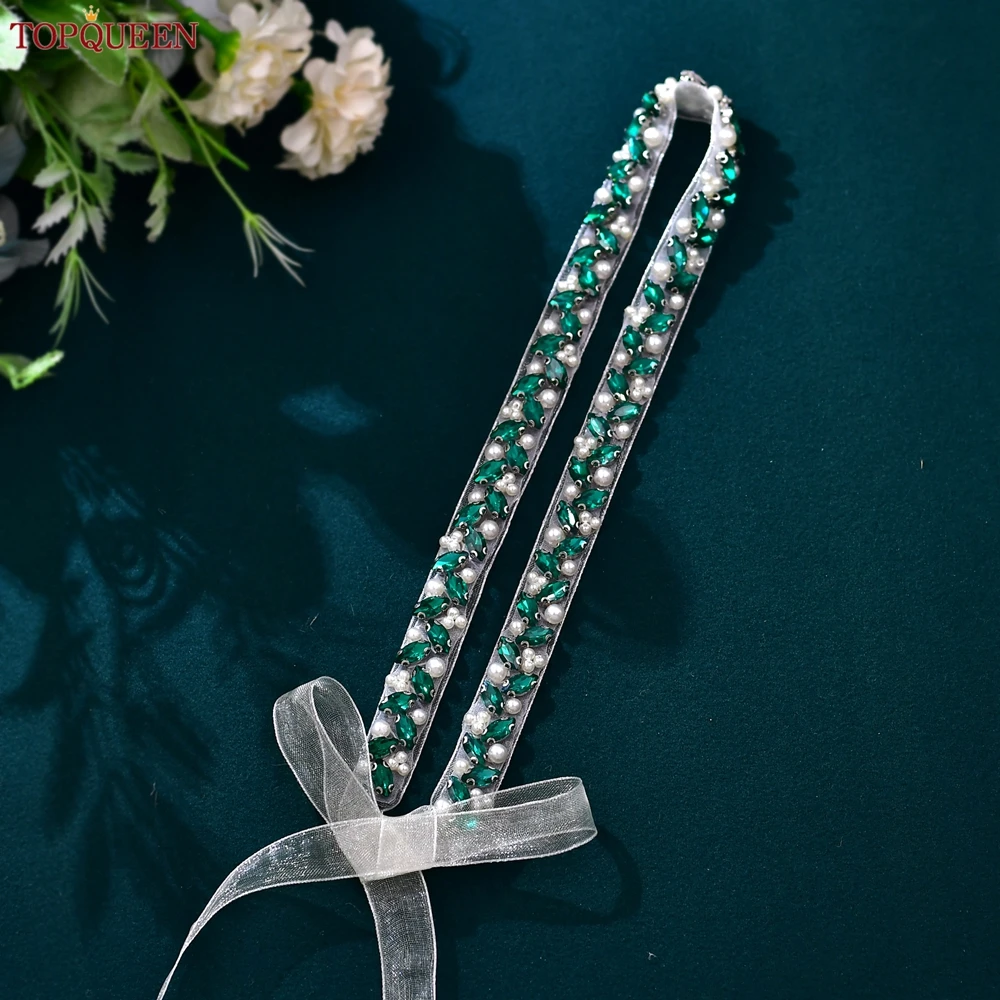 

TOPQUEEN Elegant Thin Bridal Belt Green Stone Beads Handmade Applique Belt Party Accessories Holiday Dress Decoration S383-KL