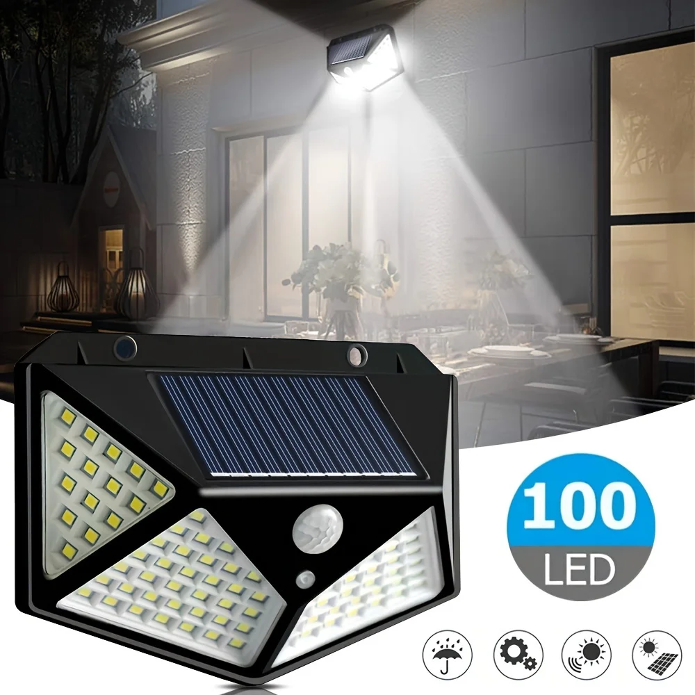 1pc 100 LED Waterproof Solar Wall Light 3 Modes LED Solar Powered Smart Motion Sensor Light For Balconies Patios Patios Gardens