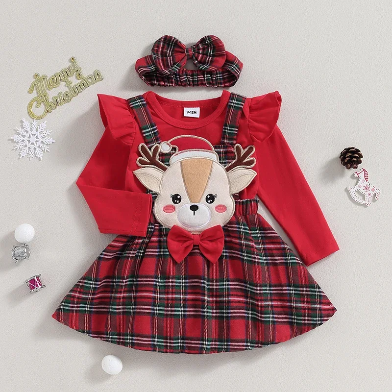 Christmas Gifts Baby Girl Outfit My First Christmas Infant Long Sleeve Romper Suspender Skirt Set Xmas Costume Clothes