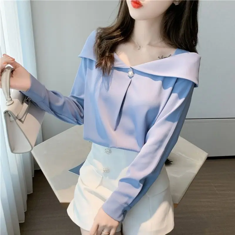 Spring Straight Neck Off Shoulder Fashion Basic Solid Color Chiffon Blouses Full Sleeve Top Elegant Office Shirts Lady Clothes