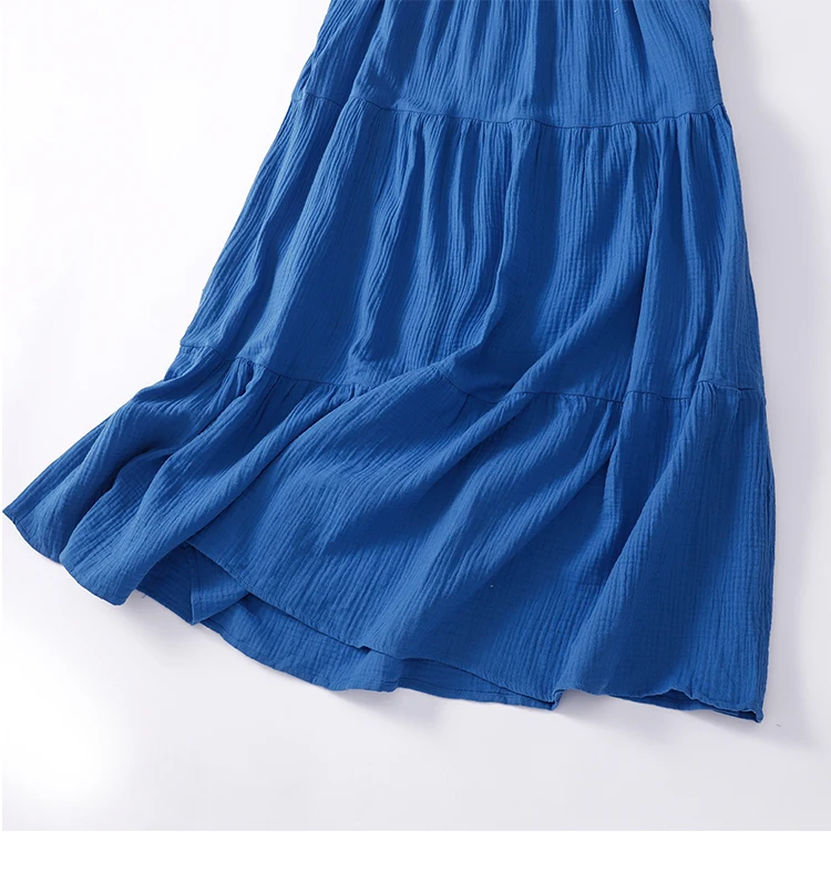 Vestido feminino vintage de algodão e linho em camadas, elegante, férias de verão, sem mangas, casual, solto, linha a, azul, midi