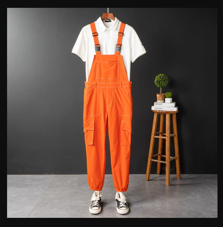 Salopette à bretelles multi-poches pour hommes, combinaison à bretelles, pantalon décontracté, vêtements hip hop, vêtements jaunes, printemps