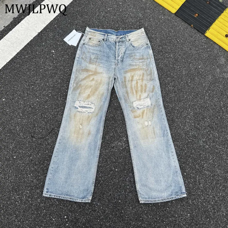 

MWJLPWQ Джинсовые грязевые потертые джинсы, мужские рваные винтажные прямые брюки High Street, повседневные модные брюки 11548