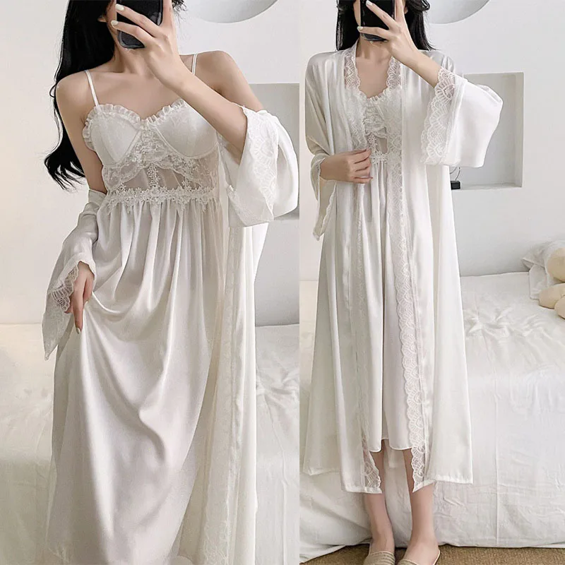 

Свадебный халат-кимоно для невесты, длинный, с кружевной отделкой, сексуальный, атласный, для сна и отдыха, женская домашняя одежда, ночная сорочка
