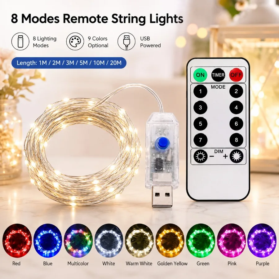 8 Modes Remote Control 20m 10m LED Fairy Lights USB String Lights Christmas Garland New Year Wedding Party Garden Decoration