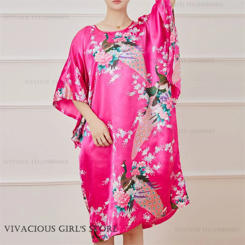 Plus Size Nightgown Sleepwear Women\'s Summer Nightwear Robe Lady Sexy Nightdress Silk Rayon Loose Bathrobe Gown Home Dress