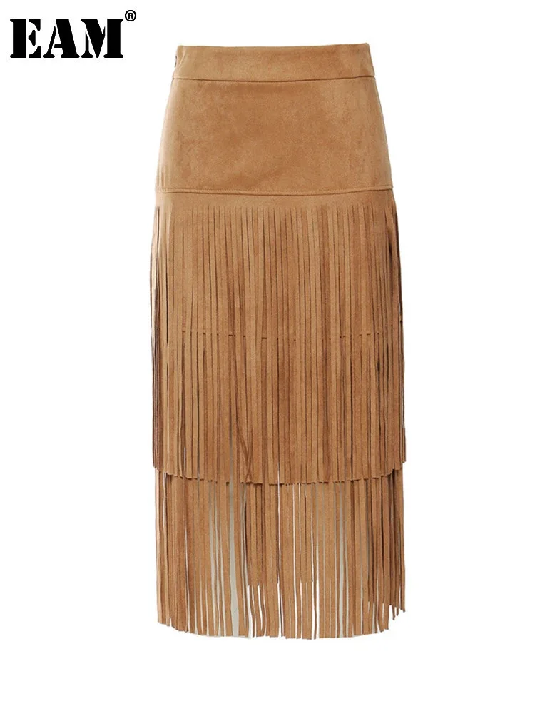 

[EAM] High Waist Khaki Tassels Irregular Long Elehgant Half-body Skirt Women Fashion Tide New Spring Autumn 2024 1DE8926