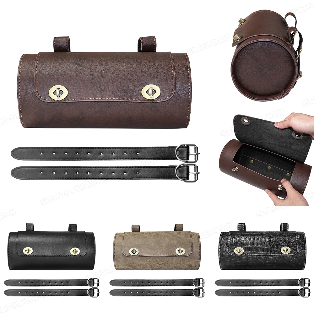 Universal Motorcycle Waterproof PU Leather Retro Cylinder Front and Rear Hanging Bag Tool Storage Bag Saddle Bag Outdoor Travel