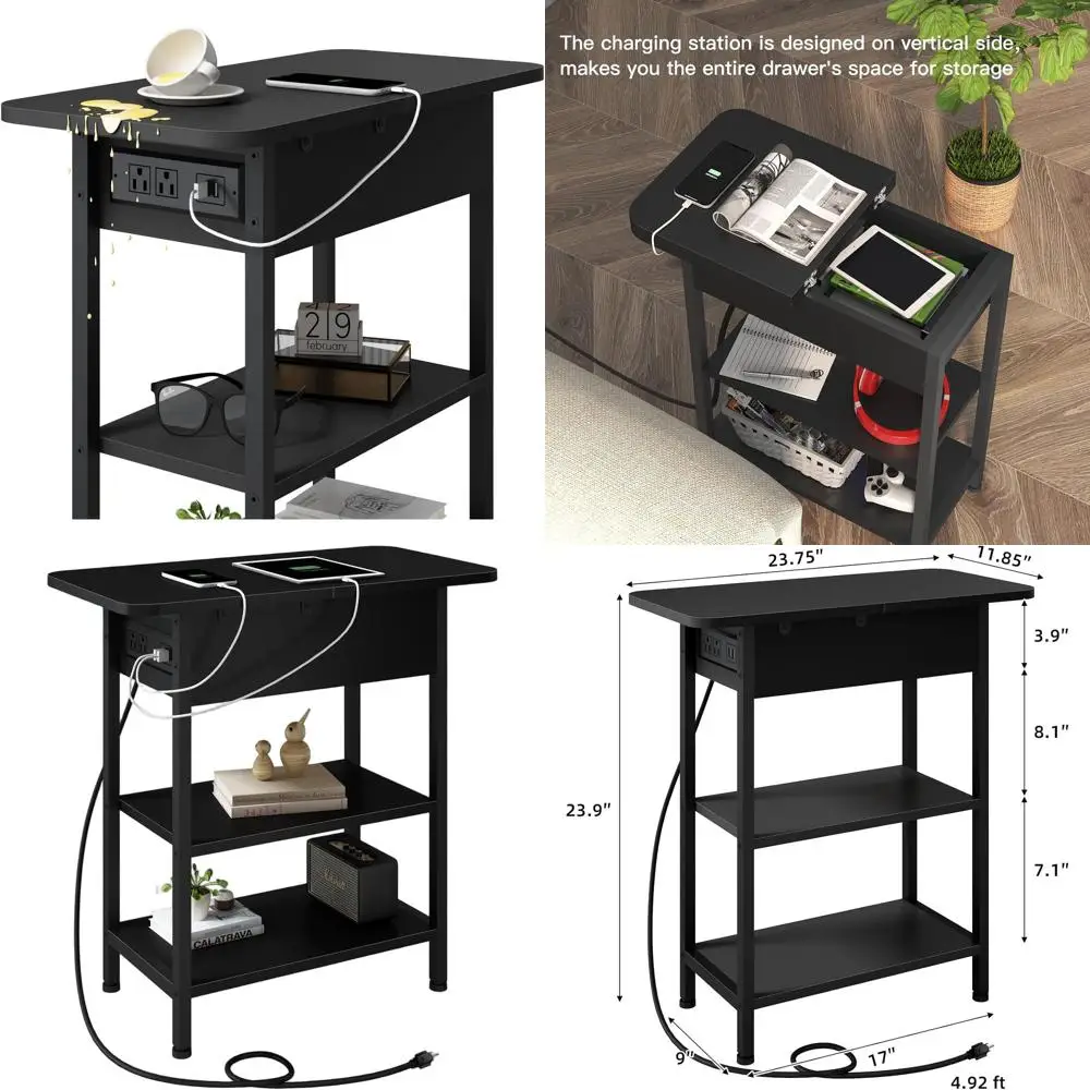 

Compact Black Nightstand with Flip Top Charging Station and USB Ports for Living Room & Bedroom