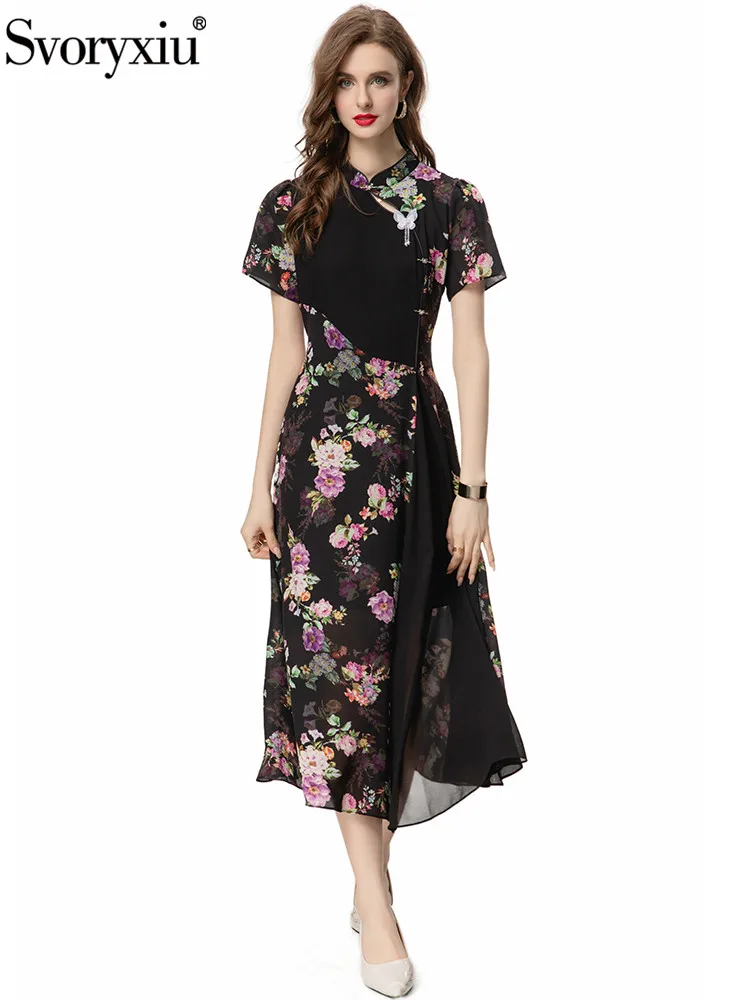 

Svoryxiu Fashion Runway Summer Party Vintage Floral Print Midi Dress Women's Mandarin Collar Beading Appliques High Waist Dress