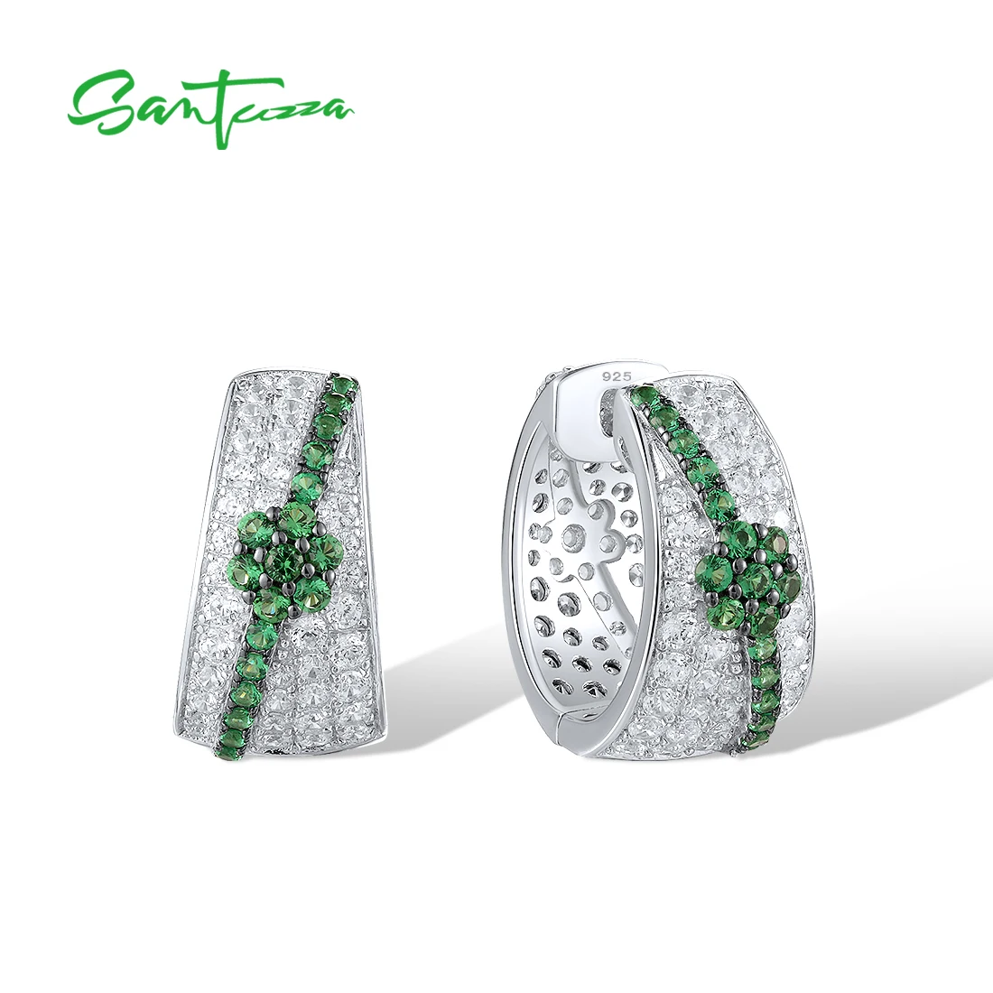 

SANTUZZA Pure 925 Sterling Silver Clip Earrings For Women Sparkling White CZ Green Spinel Exquisite Wedding Gifts Fine Jewelry