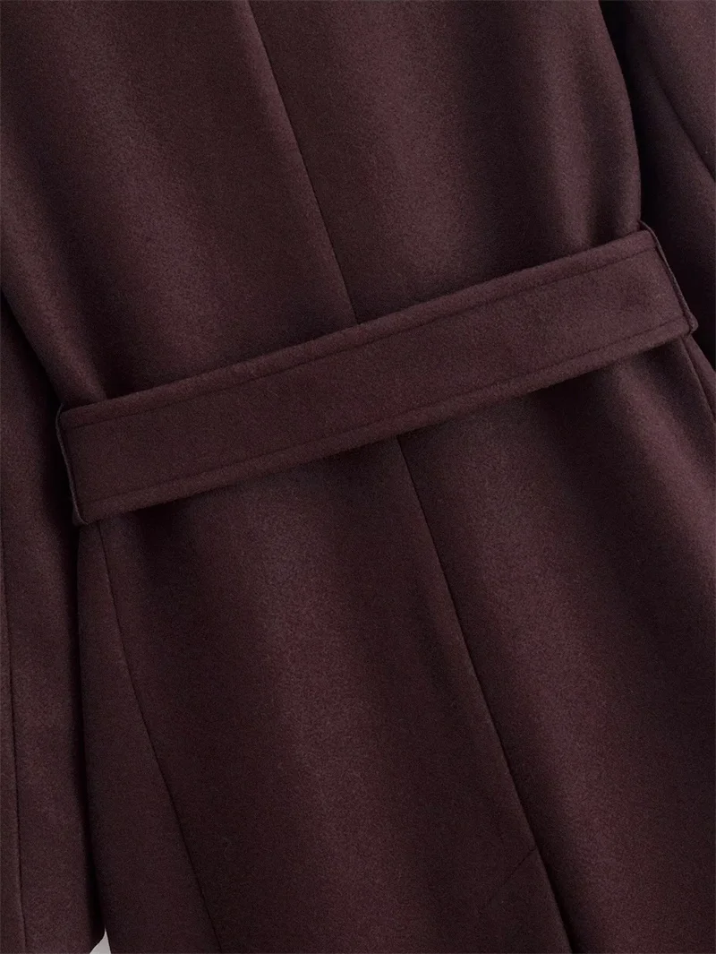 معطف نسائي لخريف 2025 نمط جديد معطف بني محمر بأكمام طويلة مع حزام تصميم ريترو فريد وعصري #6