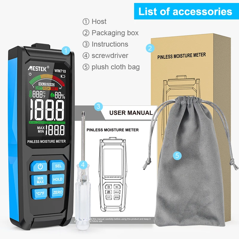 Mestek Non-Contact Inductive Wood Moisture Meter Data Hold Color Screen Digital Wood Timber Ambient Temperature Humidity Tester