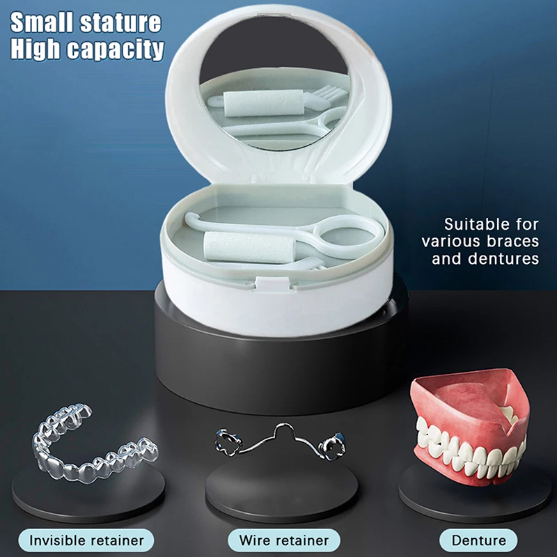 Orthodontic Retainer Double Layer Braces Storage Box Soaking Invisible Teeth Denture Cleaning Portable Belt With Mirror