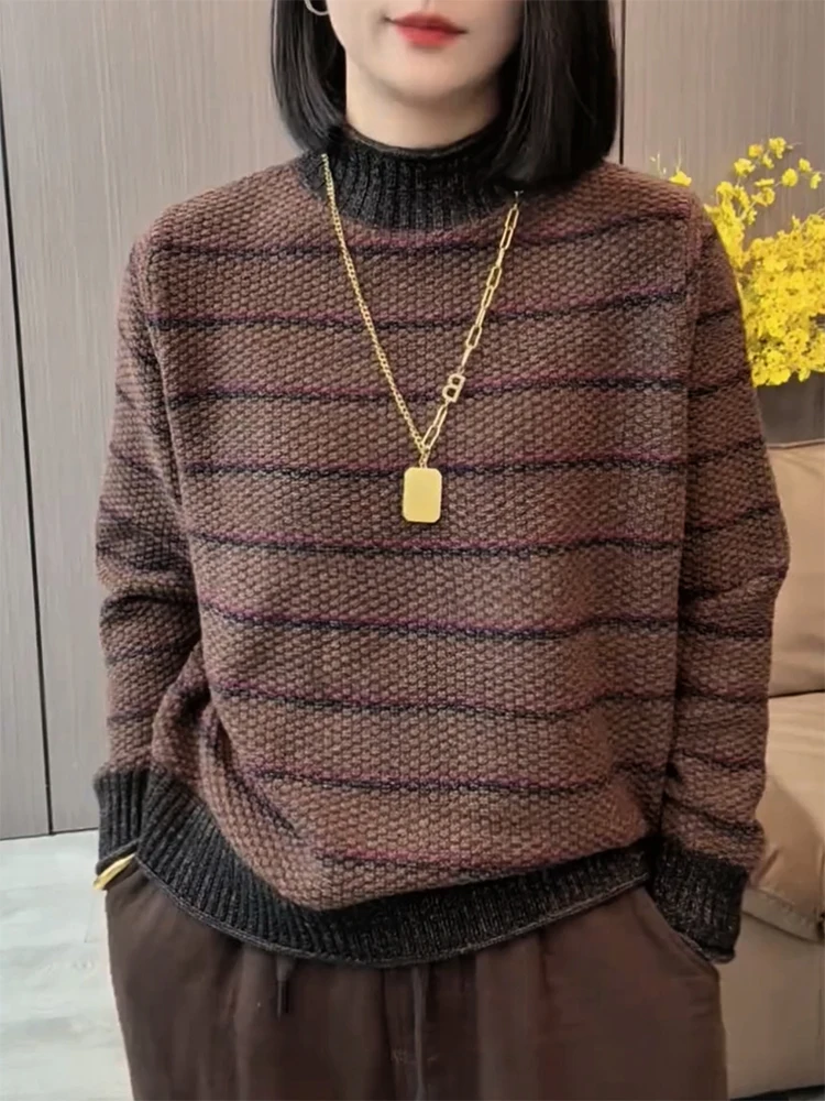 

Korean Sle High End Vintage Striped f High Ne Sweater Autumn Winter New Arrival plus Size Ele Versatile Women's Top