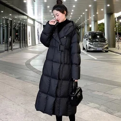 Doudoune longue à capuche pour femme, manteau Parka décontracté, forme A, simple boutonnage, mode hiver, chaud, nouveau, 2024