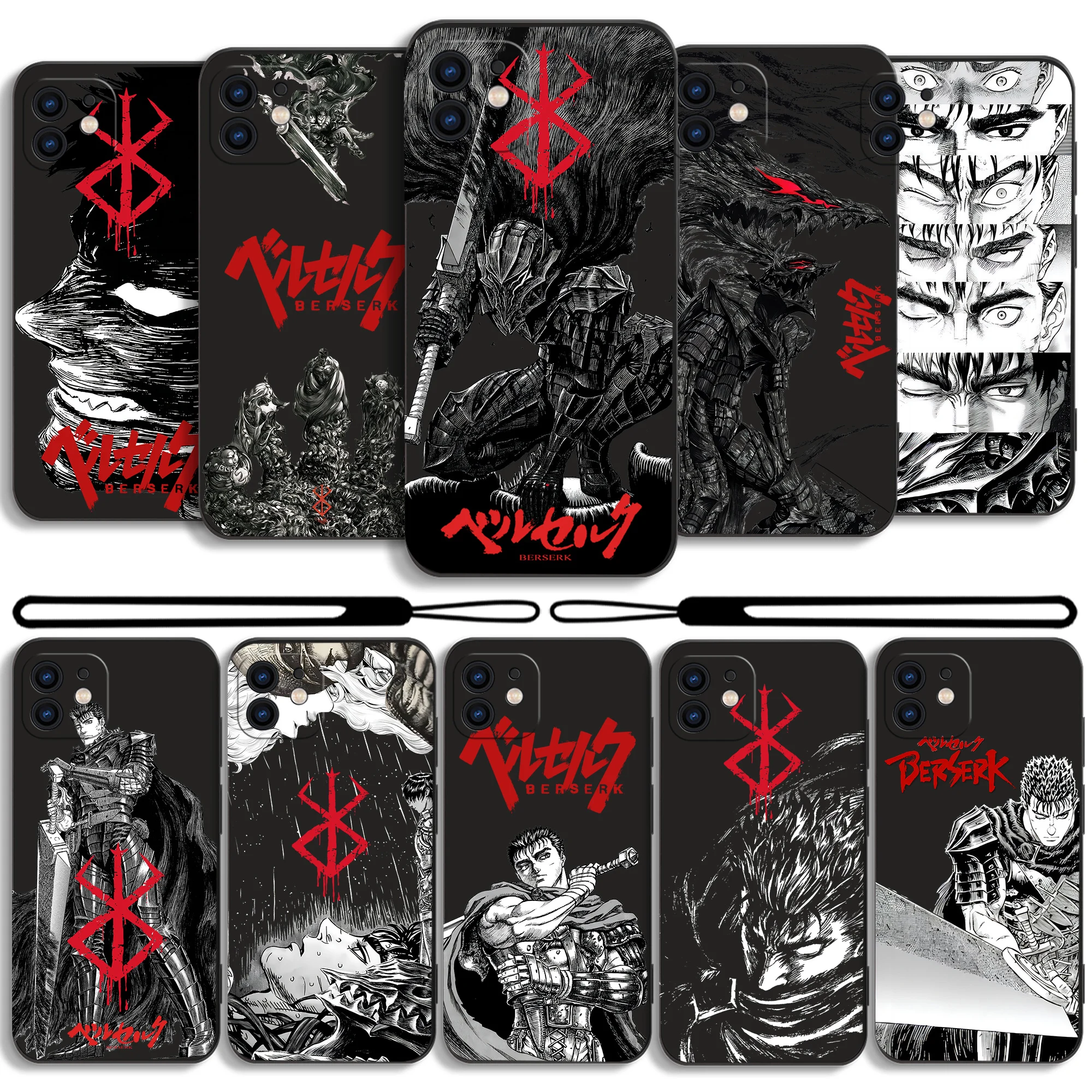 Anime Berserk Phone Case For iPhone 15 14 13 12 11 Pro Max Mini X XR XSMAX 8 7 6S Plus Soft Silicone Cover With Hand Strap