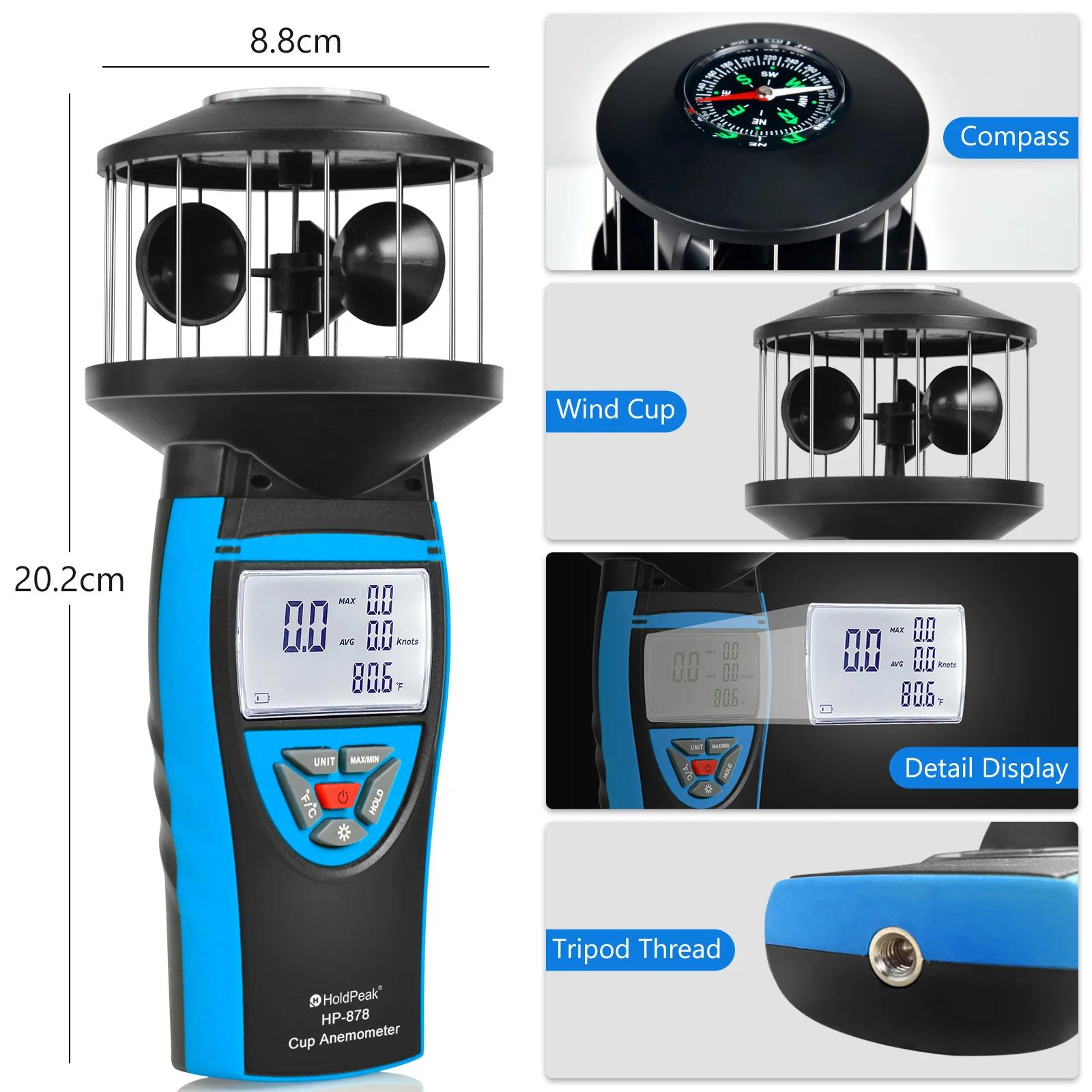 Digital Cup Anemometer Wind Speed Meter 360° Measure With Compass LCD Temperature Tester For Sailing Drone HVAC Weather Monitor